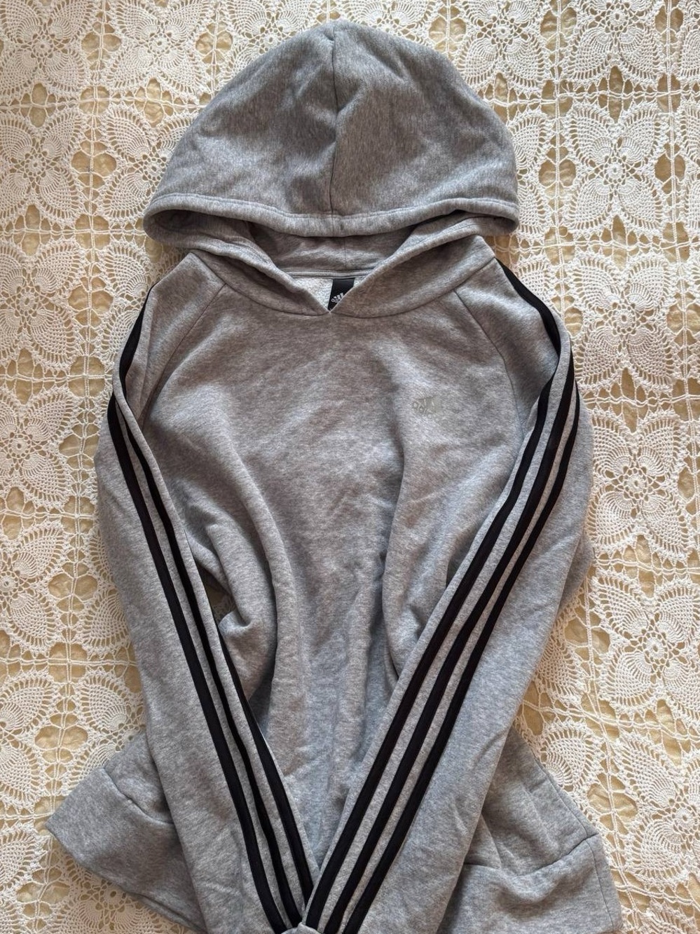 adidas Gray Hooded Sweater with Black Three-Stripe Sleeves